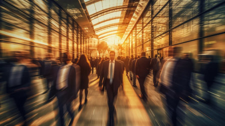 Blurred business people on their way from work, Crowd of business people on their way from work. They are unrecognisable. Long exposure shot.の素材