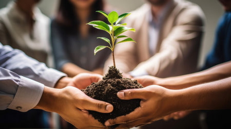 Cropped shot of a team of colleagues holding a plant growing out of soil. Concept of Generating growth by joining forces.の素材