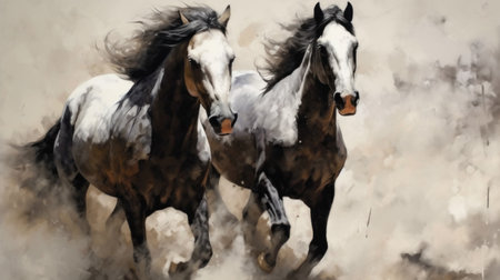 Two black&white beautiful horses plaing, very dynamic, oil paint.の素材