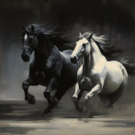 Two black&white beautiful horses plaing, very dynamic, oil paint.の素材