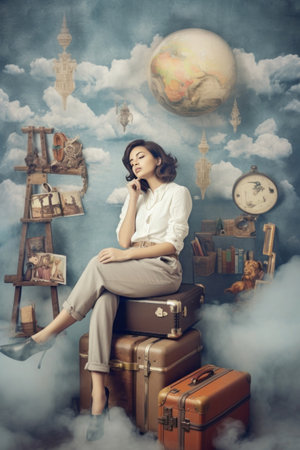 A beautiful woman sitting on a travel suitcase in the clouds surrounded by various tourist attractions in the world, full bodyの素材