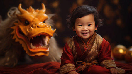 A Cute chinese boy dressed in gorgeous Hanfu, 2 years old, with a smile on his face, surrounded by a huge golden dragon, Red and gold themes are festive. Chinese New Yearの素材