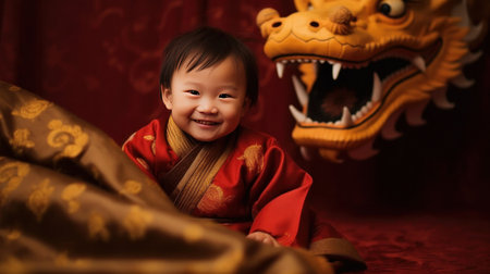 A Cute chinese boy dressed in gorgeous Hanfu, 2 years old, with a smile on his face, surrounded by a huge golden dragon, Red and gold themes are festive. Chinese New Yearの素材