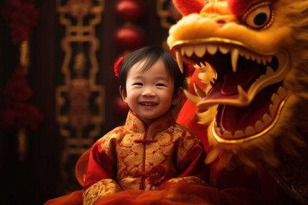 A Cute chinese little girl dressed in gorgeous Hanfu, 2 years old, with a smile on his face, surrounded by a huge golden dragon, Red and gold themes are festive. Chinese New Yearの素材