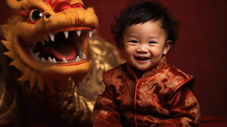 A Cute chinese boy dressed in gorgeous Hanfu, 2 years old, with a smile on his face, surrounded by a huge golden dragon, Red and gold themes are festive. Chinese New Yearの素材