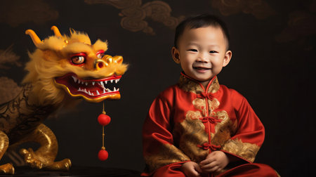 A Cute chinese boy dressed in gorgeous Hanfu, 2 years old, with a smile on his face, surrounded by a huge golden dragon, Red and gold themes are festive. Chinese New Yearの素材