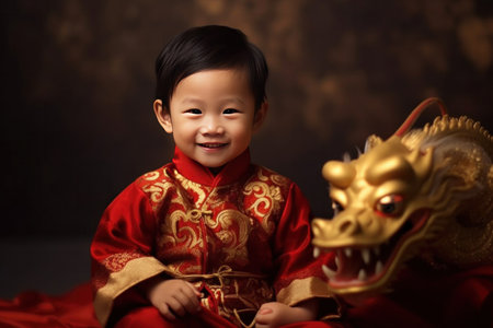 A Cute chinese boy dressed in gorgeous Hanfu, 2 years old, with a smile on his face, surrounded by a huge golden dragon, Red and gold themes are festive. Chinese New Yearの素材