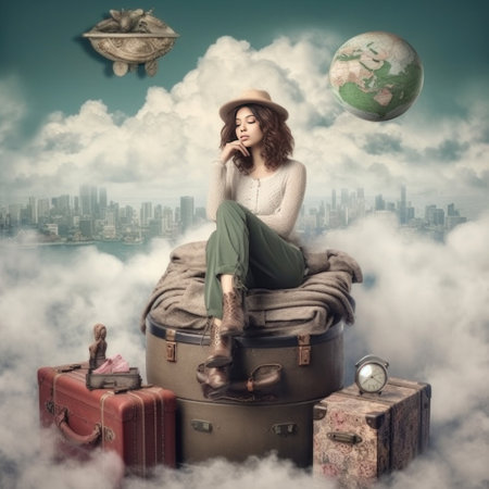 A beautiful woman sitting on a travel suitcase in the clouds surrounded by various tourist attractions in the world, full bodyの素材