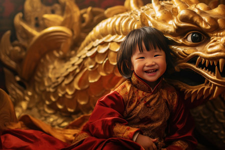 A Cute chinese little girl dressed in gorgeous Hanfu, 2 years old, with a smile on his face, surrounded by a huge golden dragon, Red and gold themes are festive. Chinese New Yearの素材