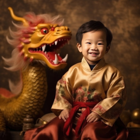 A Cute chinese boy dressed in gorgeous Hanfu, 2 years old, with a smile on his face, surrounded by a huge golden dragon, Red and gold themes are festive. Chinese New Yearの素材