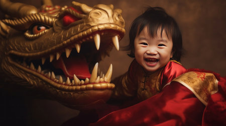 A Cute chinese little girl dressed in gorgeous Hanfu, 2 years old, with a smile on his face, surrounded by a huge golden dragon, Red and gold themes are festive. Chinese New Yearの素材