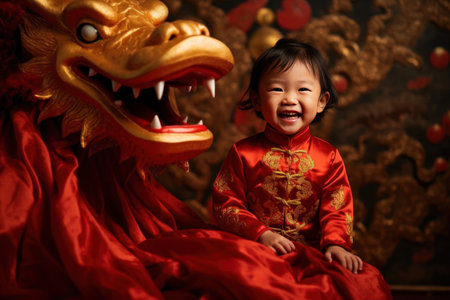 A Cute chinese little girl dressed in gorgeous Hanfu, 2 years old, with a smile on his face, surrounded by a huge golden dragon, Red and gold themes are festive. Chinese New Yearの素材