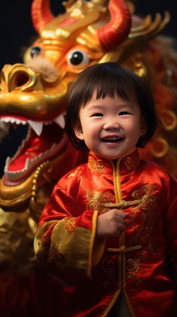 A Cute chinese little girl dressed in gorgeous Hanfu, 2 years old, with a smile on his face, surrounded by a huge golden dragon, Red and gold themes are festive. Chinese New Yearの素材