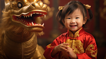A Cute chinese little girl dressed in gorgeous Hanfu, 2 years old, with a smile on his face, surrounded by a huge golden dragon, Red and gold themes are festive. Chinese New Yearの素材