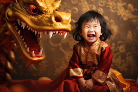 A Cute chinese little girl dressed in gorgeous Hanfu, 2 years old, with a smile on his face, surrounded by a huge golden dragon, Red and gold themes are festive. Chinese New Yearの素材