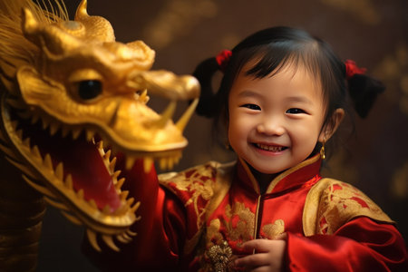 A Cute chinese little girl dressed in gorgeous Hanfu, 2 years old, with a smile on his face, surrounded by a huge golden dragon, Red and gold themes are festive. Chinese New Yearの素材