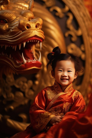 A Cute chinese little girl dressed in gorgeous Hanfu, 2 years old, with a smile on his face, surrounded by a huge golden dragon, Red and gold themes are festive. Chinese New Yearの素材