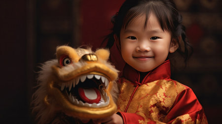 A Cute chinese little girl dressed in gorgeous Hanfu, 2 years old, with a smile on his face, surrounded by a huge golden dragon, Red and gold themes are festive. Chinese New Yearの素材