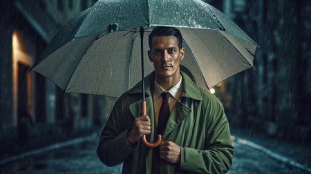 A man holding a green compact umbrella in the rain in a gray trenchcoat.の素材