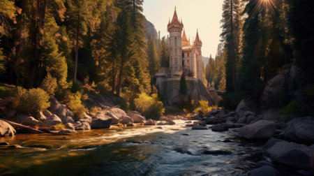 Tall stone castle deep in a sequoia forest. River running through. Depth of field.の素材