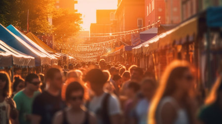 masses of happy people at a street food festival, daylight, cheerful colours, summer.の素材