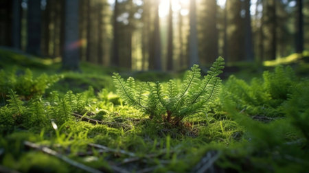 young tiny fir trees in the foreground, mature forest in spring in the background, sun shining through in the morning.の素材
