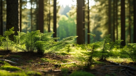 young tiny fir trees in the foreground, mature forest in spring in the background, sun shining through in the morning.の素材