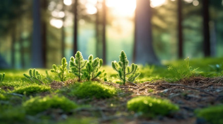 young tiny fir trees in the foreground, mature forest in spring in the background, sun shining through in the morning.の素材