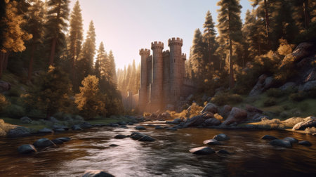 Tall stone castle deep in a sequoia forest. River running through. Depth of field.の素材