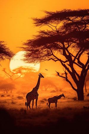 Silhouette of african safari, tree, giraffe, zebra, bird.の素材