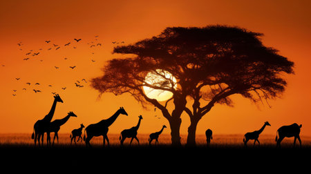 Silhouette of african safari, tree, giraffe, zebra, bird.の素材