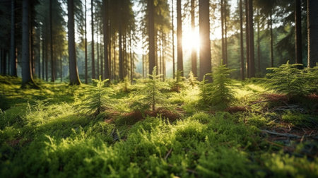 young tiny fir trees in the foreground, mature forest in spring in the background, sun shining through in the morning.の素材