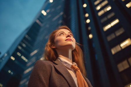 A confident and professional young businesswoman looking up while standing against contemporary corporate skyscrapers with illuminated facade in financial district in the evening. Low angle sideの素材