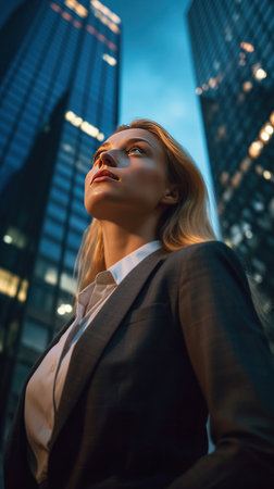 A confident and professional young businesswoman looking up while standing against contemporary corporate skyscrapers with illuminated facade in financial district in the evening. Low angle sideの素材