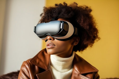 A black woman using VR for online shopping browsing stylish clothing items. e-Commerce, e-Shopping, e-Store products, Shopping online concept.の素材