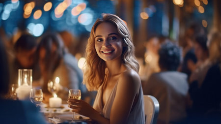 A beautiful woman enjoying while having dinner with friends at night party.の素材