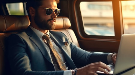 A handsome businessman working on laptop computer while sitting in luxury car.の素材