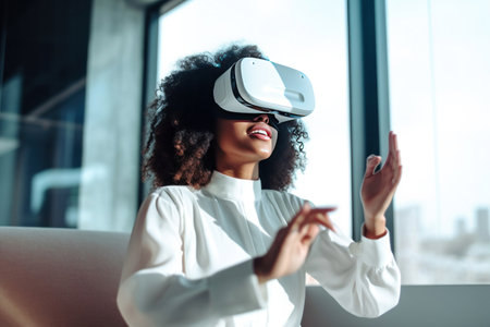 A black woman using VR for online shopping browsing stylish clothing items. e-Commerce, e-Shopping, e-Store products, Shopping online concept.の素材
