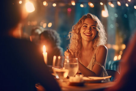 A beautiful woman enjoying while having dinner with friends at night party.の素材