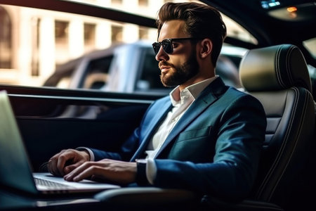 A handsome businessman working on laptop computer while sitting in luxury car.の素材