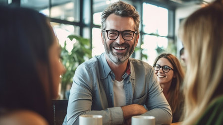 A man meeting with team in office for sharing idea innovating solutions for software development in a tech company.の素材