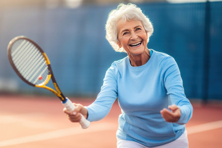 A happy senior woman playing tennis as recreational activity after during their active retirement.の素材