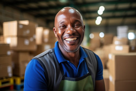A mature man smiling while packing cardboard boxes in a distribution warehouse. Happy logistics worker preparing goods for shipment.の素材