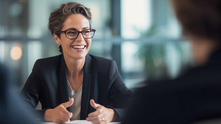 A middle aged professional business woman executive HR manager having job interview or business discussion in corporate office meeting.の素材