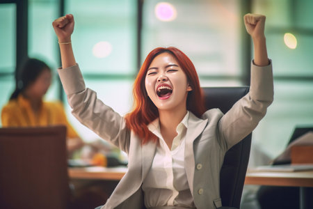A startup young woman very happy and excited doing winner gesture with arms raised sitting on chair in office.の素材