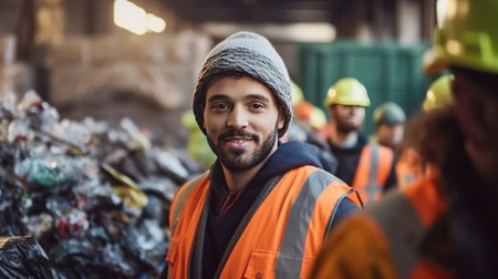 A young worker in protective vest and gloves holding cardboard while working with colleagues in garbage sorting center, Recycling concept.の素材