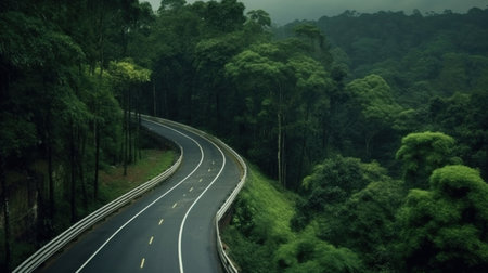 Aerial view beautiful curve road on green forest in the rain season.の素材