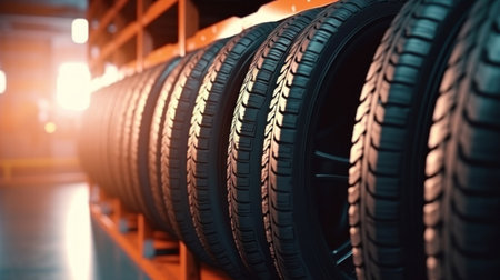 Car tires, New tire is placed on the tire storage rack on warehouse.の素材