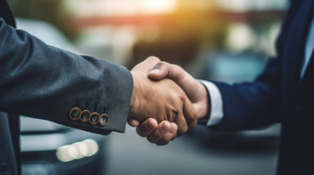 Close up hand of Customer shake hand with auto insurance agents after agreeing to terms of insurance with blurred car on background.の素材