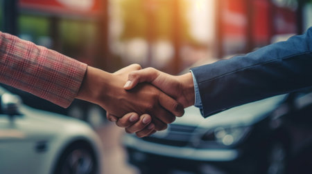 Close up hand of Customer shake hand with auto insurance agents after agreeing to terms of insurance with blurred car on background.の素材